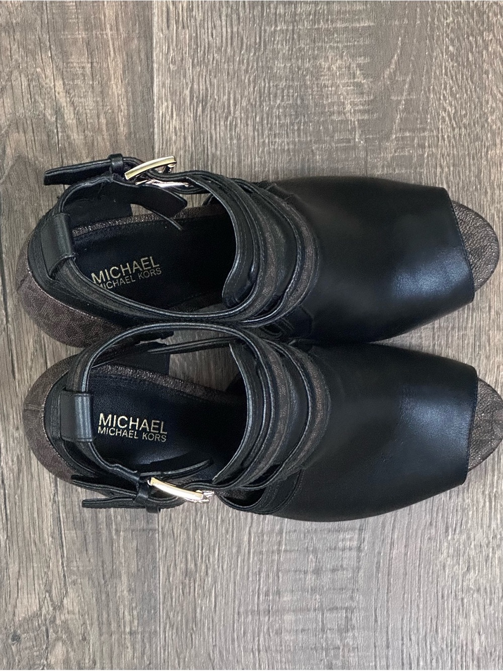 MICHAEL Michael Kors Black Leather Open-Toe Sandals with Gold Buckle